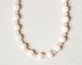 Rose Quartz & Chalcedony Necklace, Pastel Pearl Necklace for Women, White Pink Gemstone Jewelry with 18K Gold Clasp, Handmade by eilenna