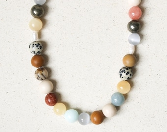 Colorful gemstone necklace for women with freshwater pearls, boho natural stone necklace handmade, tiger's eye amazonite jasper, 18K gold plated, Eilenna