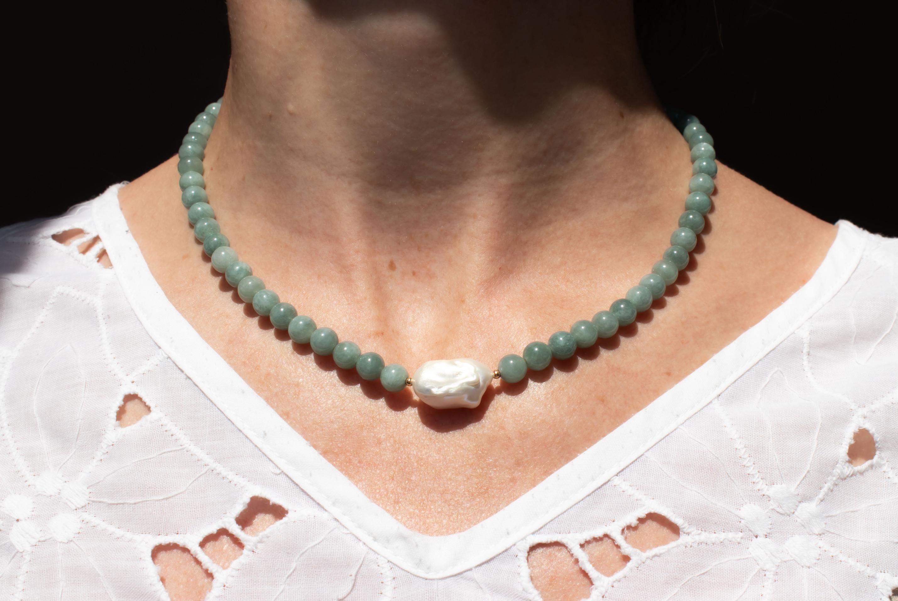 Necklace made of natural stone beads Burmese jade & freshwater pearl with 18K gold-plated clasp. Necklace for women, handmade by eilenna