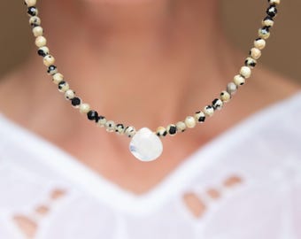 Moonstone & Dalmatian Jasper Necklace, Delicate Natural Stone Jewelry for Women, 18K Gold Plated, Handmade Jewelry by eilenna