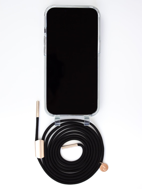 Abnehmbare Handykette und durchsichtige Handyhülle für iPhone in der Farbe CLEAR transparent mit Kordel BLACK BEAUTY, Handarbeit von eilenna