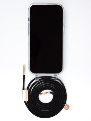 Custodia IPhone 13 Pro Con Cordino In Nylon Regolabile, Silicone Liquido Morbido, Nero, Con Moschettone, Mani Libere
