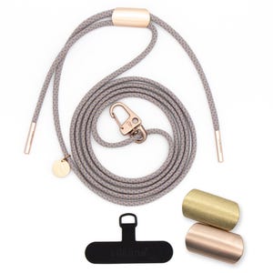 Handykette universal mit Karabiner und Adapter, Kordel in OVER the TAUPE mit Gold oder Rosegold, handmade von eilenna