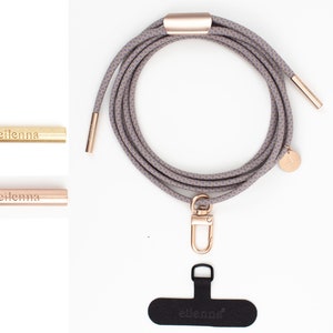 Universele mobiele telefoonketting met karabijnhaak en adapter, koord in OVER de TAUPE, handgemaakt door eilenna