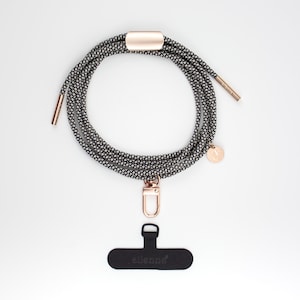 eilenna universele mobiele telefoonketting met karabijnhaak en patch, koord in SALT & PEPPER, handgemaakt