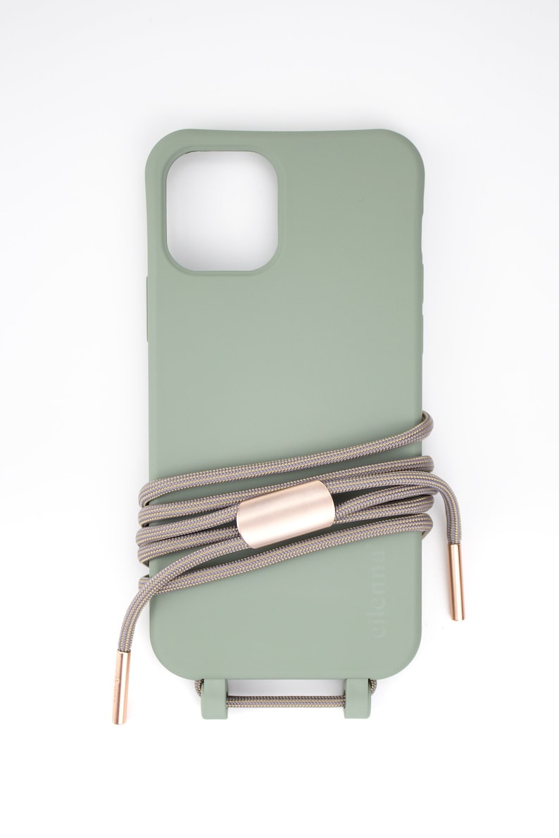 eilenna modular mobile phone chain and protective cover in SAGE with BOHEMIAN cord Roségold