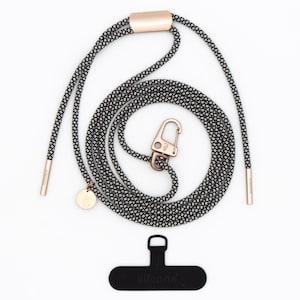 Chaîne universelle pour téléphone portable avec mousqueton et adaptateur, cordon en SEL & POIVRE avec or rose, fait main par eilenna