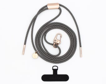 Handykette universal mit Karabiner und Adapter, Kordel in SALT & PEPPER mit Roségold, Handarbeit von eilenna