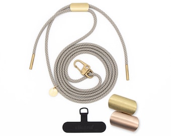 eilenna universele mobiele telefoonketting met karabijnhaak en patch, koord in GINGER met goud of roségoud, handgemaakt door eilenna