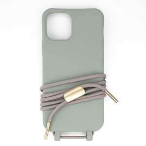 eilenna modular mobile phone chain and protective cover in SAGE with BOHEMIAN cord Gold