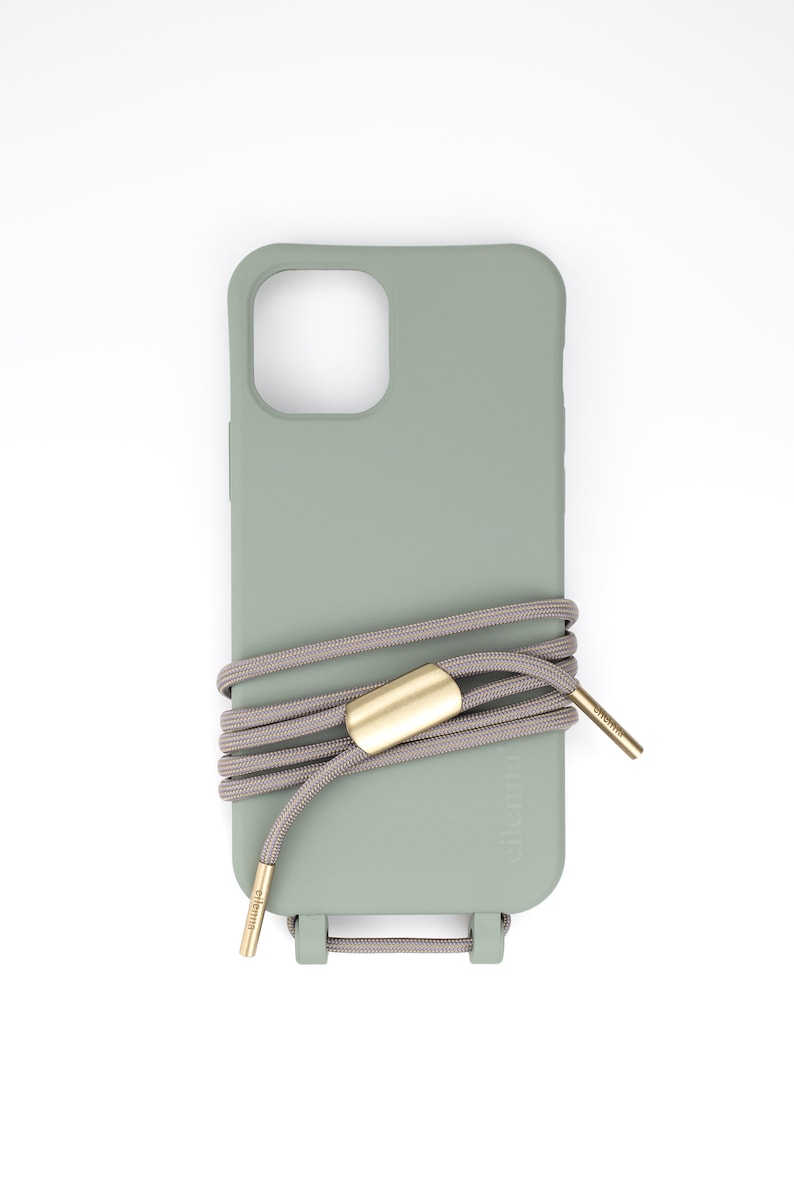 eilenna modular mobile phone chain and protective cover in SAGE with BOHEMIAN cord Gold