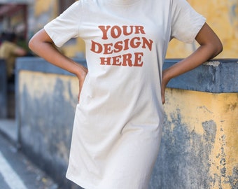 Personalised Women's T Shirt Dress Organic Oversized, Urban look, with touch of casual styling - 3 Colours - Photo Print Dress