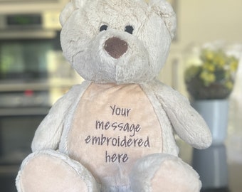 Personalised Teddy Bear Large 45cm - Embroidered Message or Name - Removable Pouch -  Baby Shower Gift - Christening Comfort Bear - New Baby