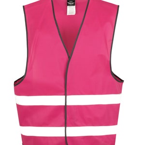 May include: A bright pink safety vest with two white reflective stripes. The vest has a black zipper and a black trim.