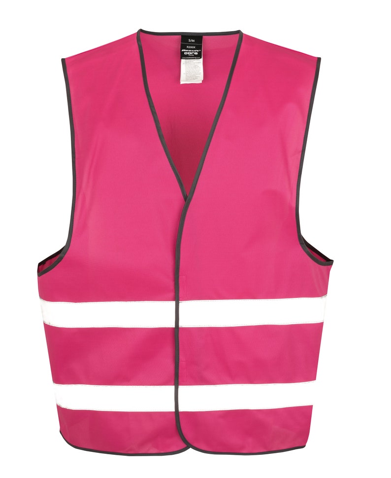 May include: A bright pink safety vest with two white reflective stripes. The vest has a black zipper and a black trim.