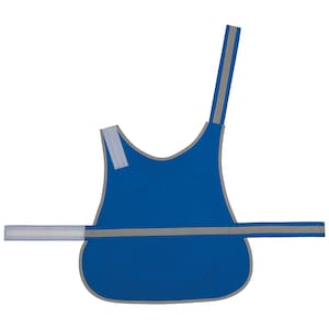 May include: A blue safety vest for dogs with reflective strips. The vest has a strap that goes around the dog's chest and two straps that go over the dog's shoulders.