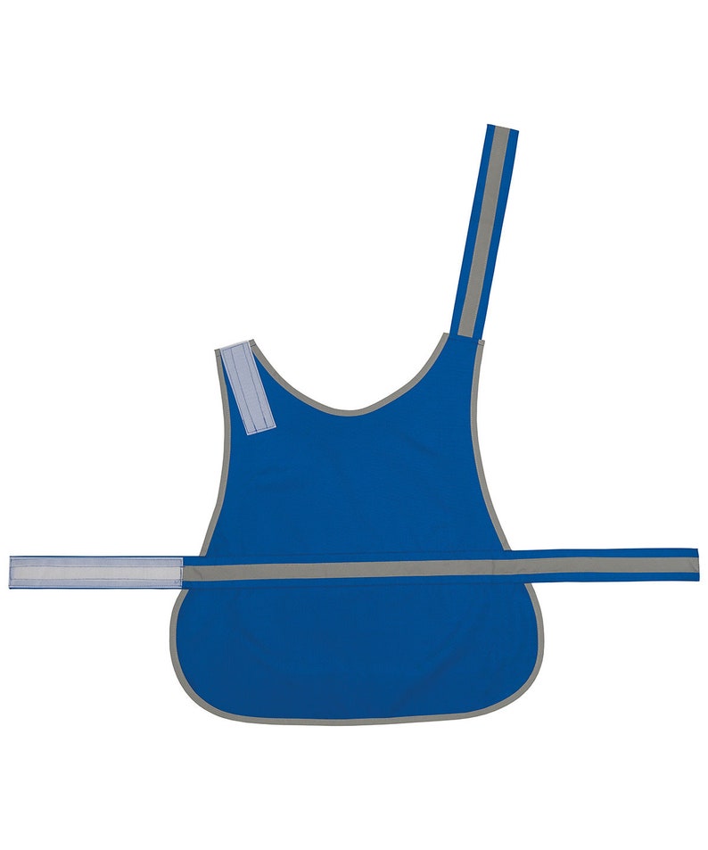 May include: A blue safety vest for dogs with reflective strips. The vest has a strap that goes around the dog's chest and two straps that go over the dog's shoulders.