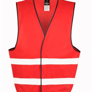 May include: Red safety vest with two white reflective stripes. The vest has a black trim and a label that says "REUSABLE CORE".
