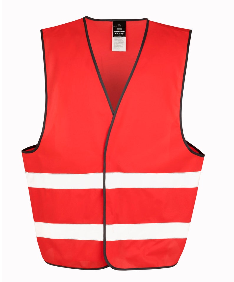 May include: Red safety vest with two white reflective stripes. The vest has a black trim and a label that says "REUSABLE CORE".