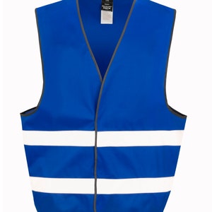 May include: A blue safety vest with two white reflective stripes. The vest has a V-neck and is made of a lightweight material.