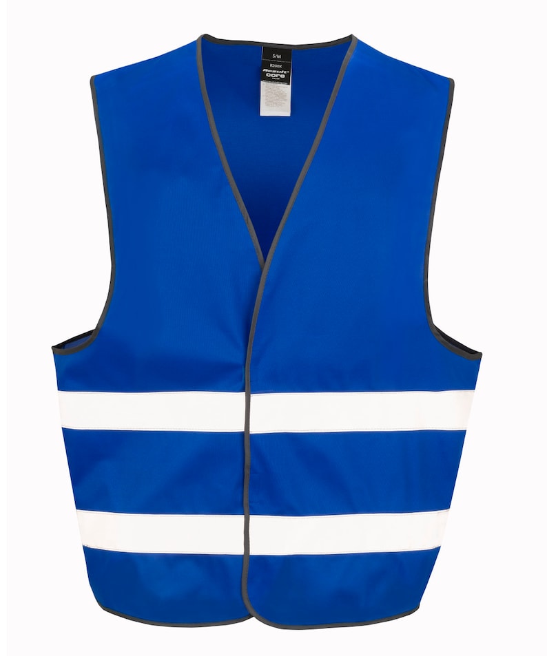 May include: A blue safety vest with two white reflective stripes. The vest has a V-neck and is made of a lightweight material.