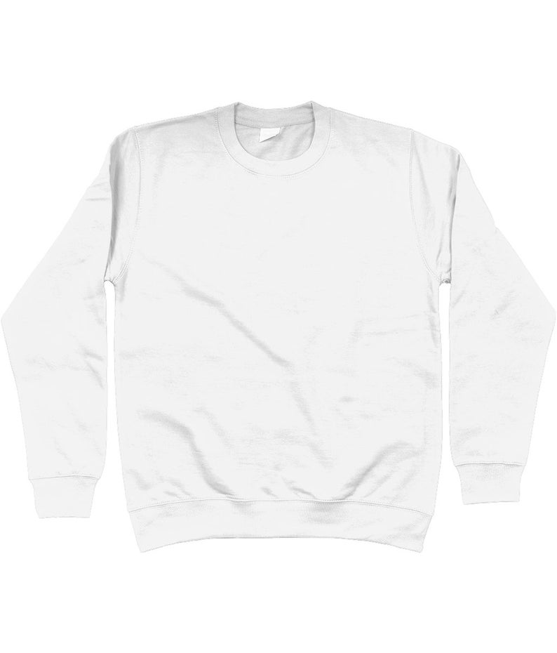 May include: A white long-sleeved sweatshirt with a crew neck.