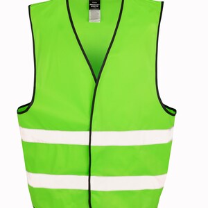 May include: A bright green safety vest with two reflective white stripes. The vest has a black trim and a label that says "Fluorescent Orange"