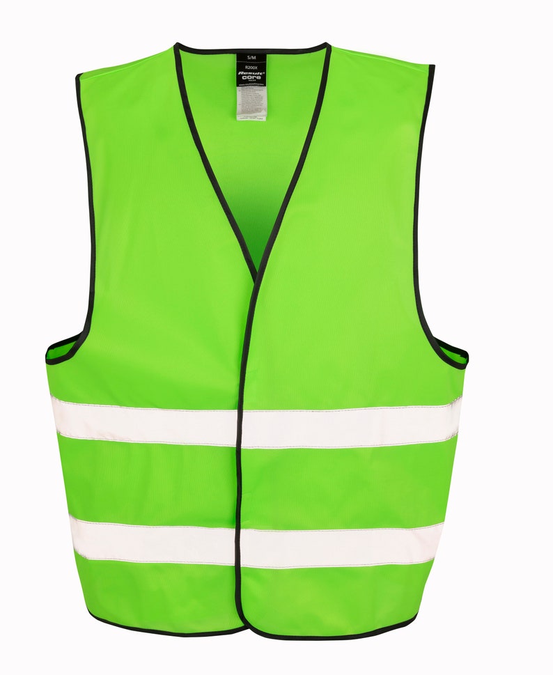 May include: A bright green safety vest with two reflective white stripes. The vest has a black trim and a label that says "Fluorescent Orange"