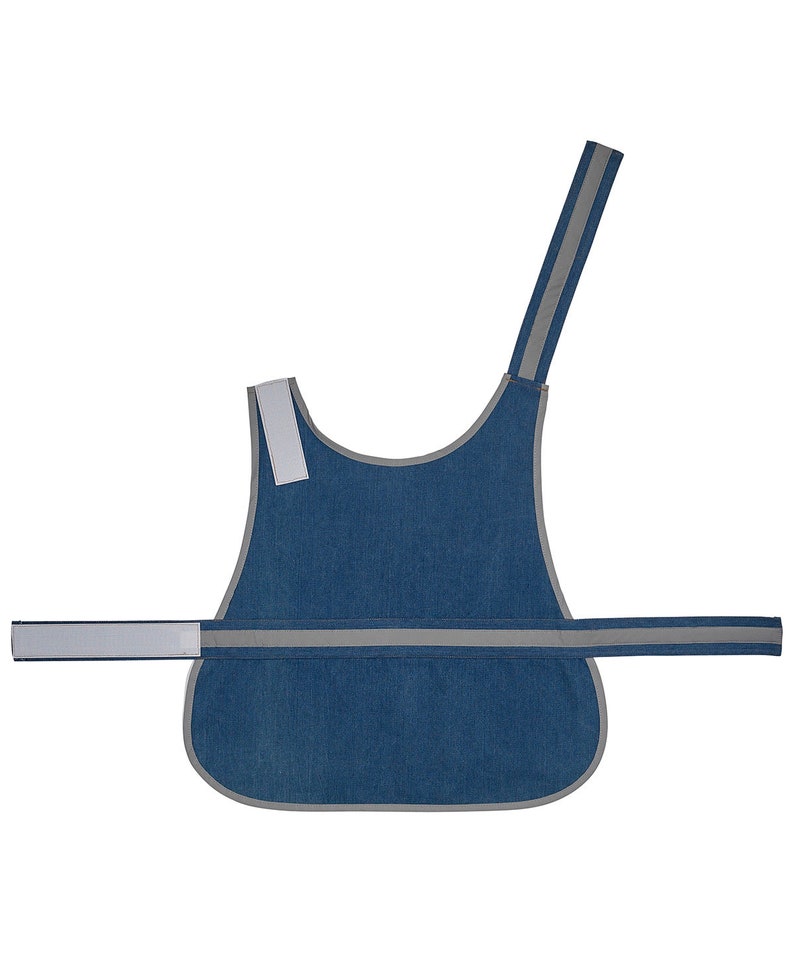 May include: A blue denim dog vest with reflective strips. The vest has a single strap that goes over the dog's head and a buckle closure around the chest.
