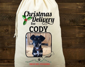 Personalised Santa Sack For Your Dog - Custom Santa Stocking For Pets - Design With Your Photograph and Name - Digitally Printed Free P+P