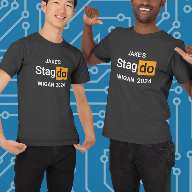 May include: Two black t-shirts with white text that reads "Jake's Stagdo Wigan 2024". The text is centered on the shirt and the word "Stagdo" is in a yellow box.
