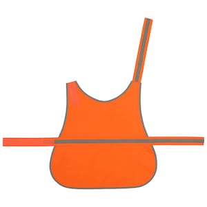 May include: Orange safety vest with reflective trim for dogs. The vest has a single strap that goes over the dog's head and a reflective band that goes around the dog's chest.