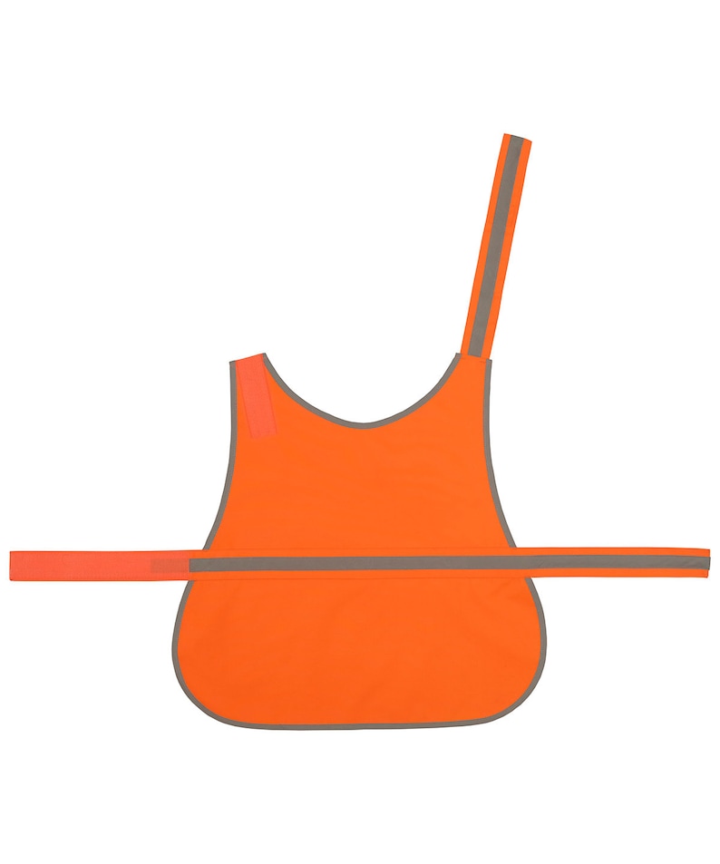May include: Orange safety vest with reflective trim for dogs. The vest has a single strap that goes over the dog's head and a reflective band that goes around the dog's chest.