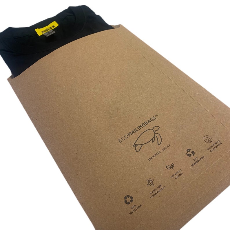 May include: A brown paper mailing bag with a sea turtle logo and the text "ECOMAILINGBAGS&trade;" printed on the front. The bag is 100% recyclable, plastic free, ocean friendly, sustainably sourced, and biodegradable.