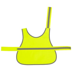 May include: A bright yellow safety vest with reflective strips for dogs. The vest has a strap that goes over the dog's head and a strap that goes around the dog's chest.
