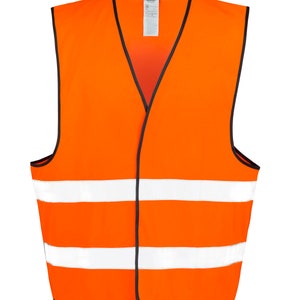 May include: Orange safety vest with two reflective white stripes. The vest has a black trim around the edges.