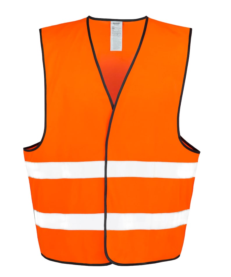 May include: Orange safety vest with two reflective white stripes. The vest has a black trim around the edges.