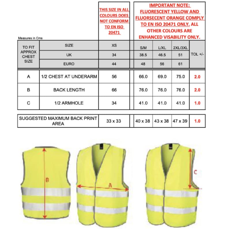 May include: A chart with measurements for a safety vest in different sizes. The chart shows the measurements for the chest, back length, and armhole. The chart also includes the suggested maximum back print area for each size. The vest is shown in a yellow color with reflective strips.