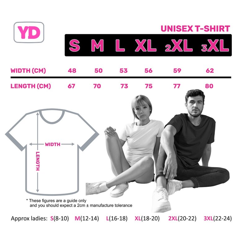 May include: A white background features a size chart for a unisex t-shirt, with measurements in centimeters. The chart includes sizes S to 3XL, with width measurements from 18.9 inches to 24.4 inches and lengths from 26.4 inches to 31.5 inches. Two people are sitting in front of the chart.