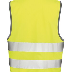 May include: A bright yellow safety vest with three reflective silver stripes. The vest has a gray trim around the edges.