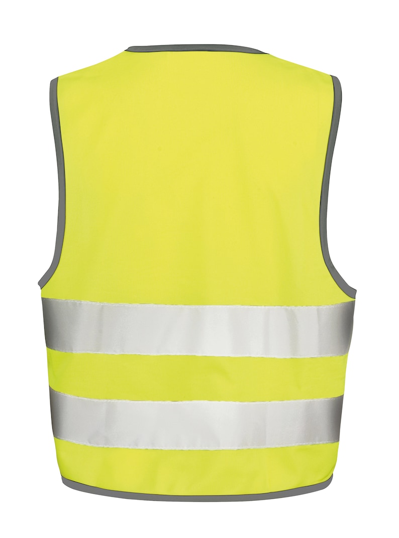 May include: A bright yellow safety vest with three reflective silver stripes. The vest has a gray trim around the edges.