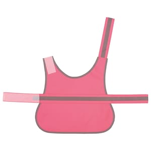 May include: Pink safety vest with reflective strips for dogs. The vest has a gray trim and a strap that goes over the dog's head.