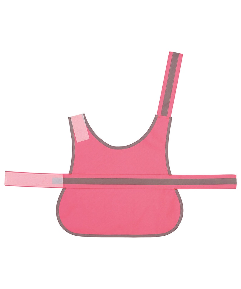 May include: Pink safety vest with reflective strips for dogs. The vest has a gray trim and a strap that goes over the dog's head.
