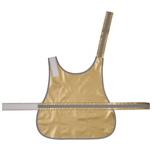 May include: A gold safety vest for dogs with reflective strips. The vest has a single strap that goes over the dog's head and a buckle that fastens around the dog's chest.