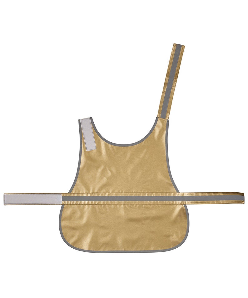 May include: A gold safety vest for dogs with reflective strips. The vest has a single strap that goes over the dog's head and a buckle that fastens around the dog's chest.