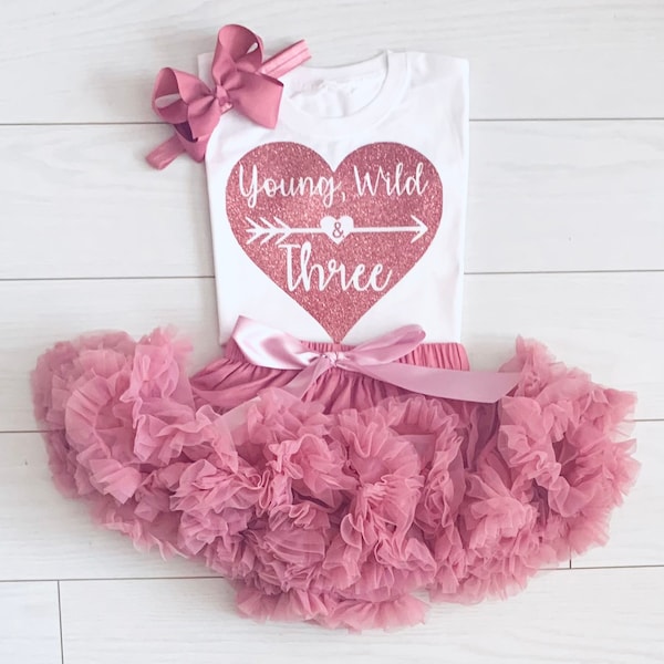 Luxury Girls 3rd Third Birthday Outfit Set Frilly Tutu Skirt T-Shirt Top Dusky Pink Rose Gold Headband Party UK Seller Young Wild & Three