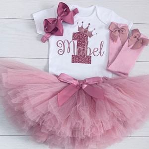 Custom Personalised Baby Girls 1st First Birthday Outfit Cake Smash Set Tutu Skirt Top Headband Dusky Pink Rose Gold Party Socks UK