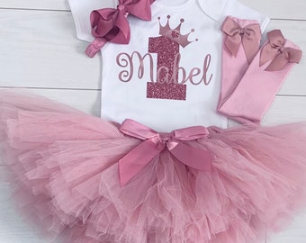 Custom Personalised Baby Girls 1st First Birthday Outfit Cake Smash Set Tutu Skirt Top Headband Dusky Pink Rose Gold Party Socks UK