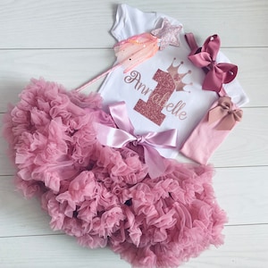 Personalised Baby Girls 1st First Birthday Outfit Cake Smash Set Tutu Skirt Top Princess Wand Bow Dusky Pink Rose Gold UK Seller Party Socks