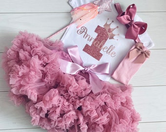 Personalised Baby Girls 1st First Birthday Outfit Cake Smash Set Tutu Skirt Top Princess Wand Bow Dusky Pink Rose Gold UK Seller Party Socks